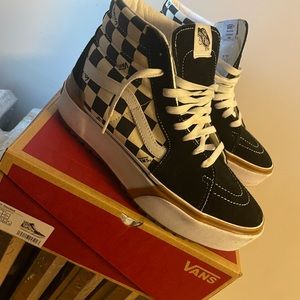 Checker board Multi/ True sk8-hi stacked vans. Black and white high top